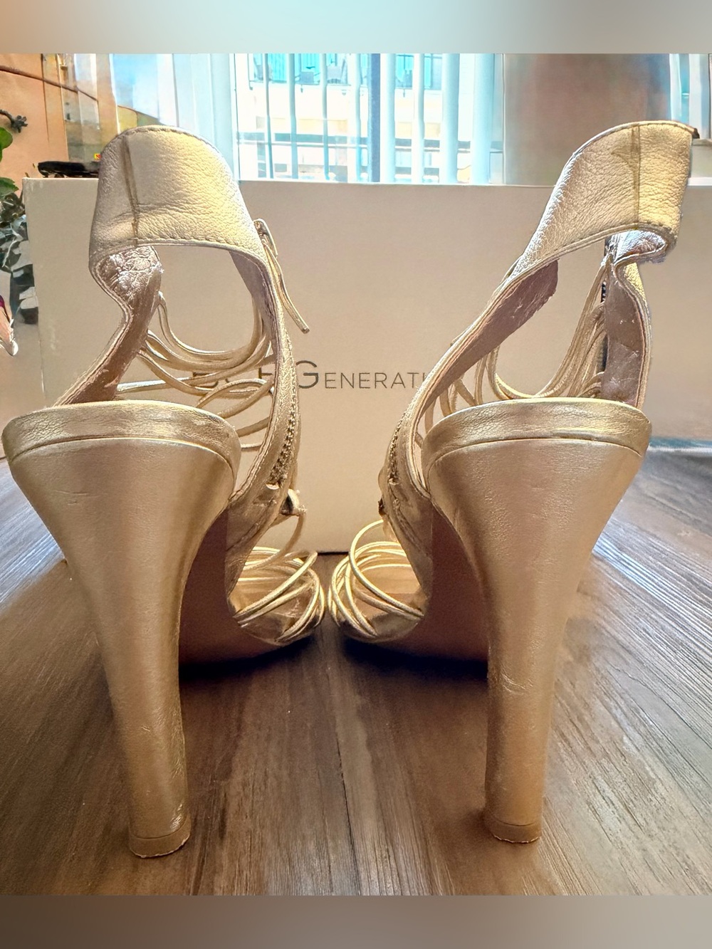 BCBGen Gold Strappy 4" High Heels - Picture 2 of 9